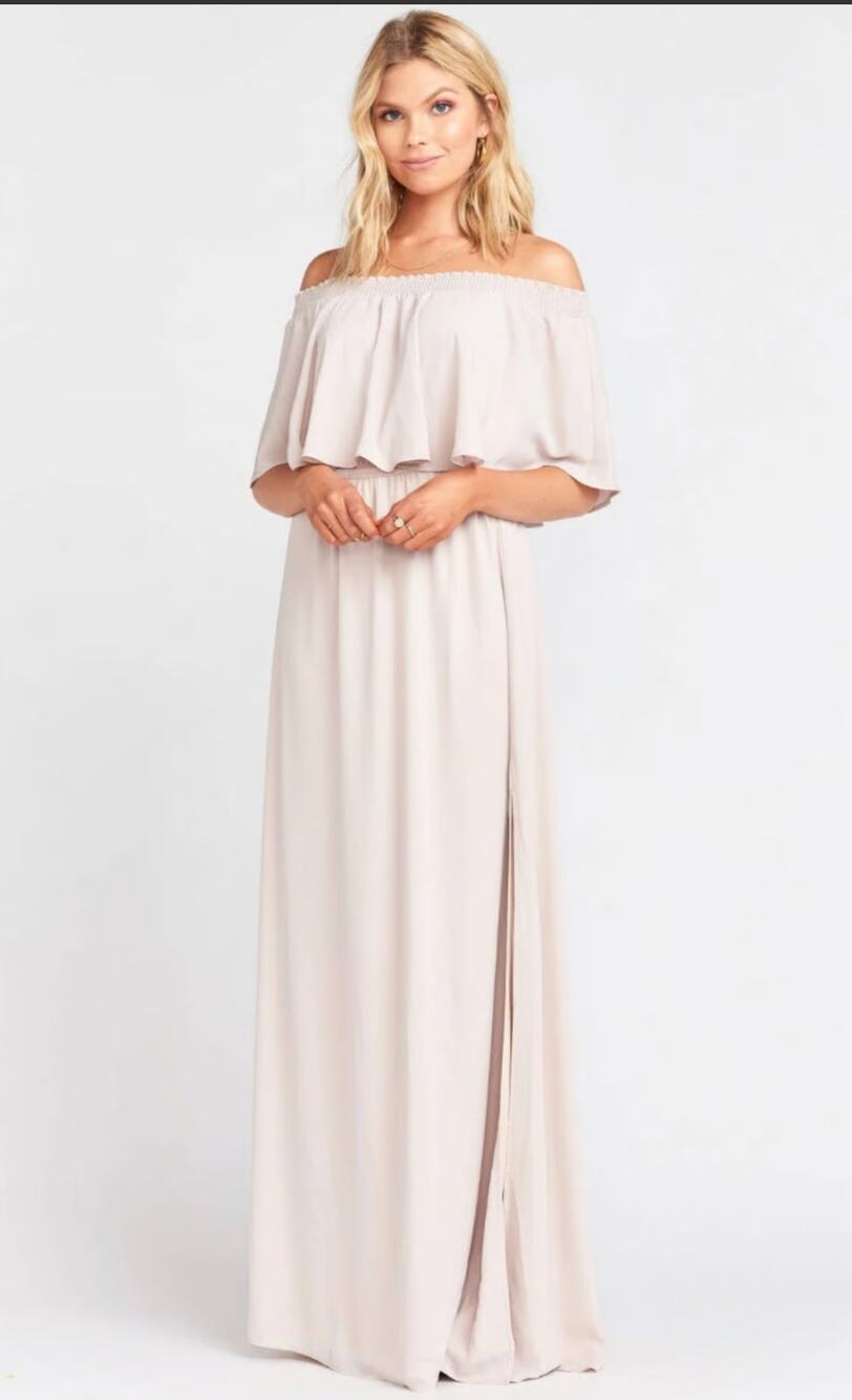 Show Me Your Mumu Dress NWT Blush Pink Hacienda Off Shoulder High Slit Maxi M